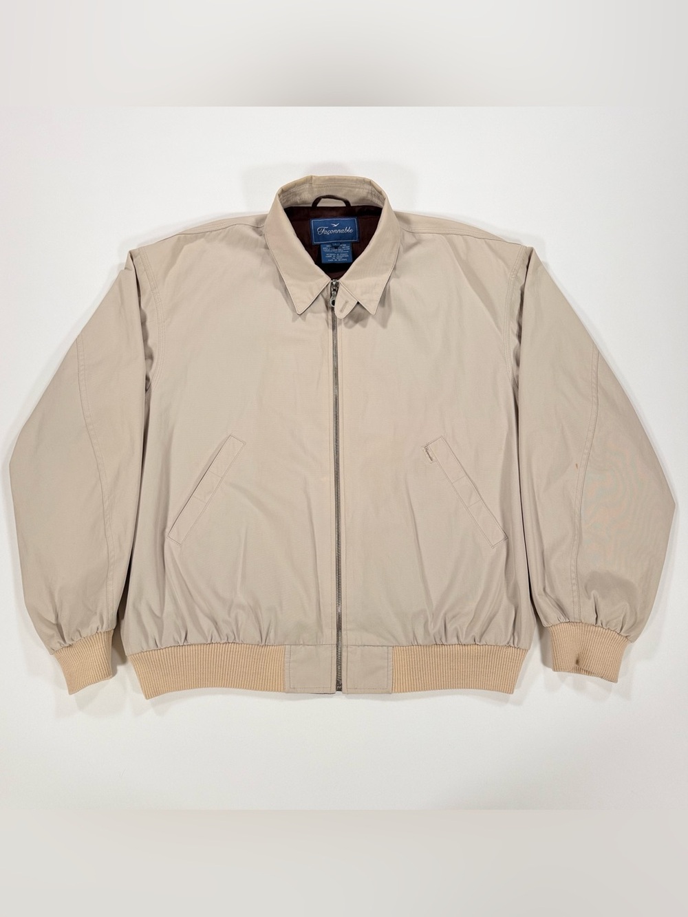 Vintage Faconnable Mens Large Harrington Bomber Jacket Beige Cotton Full Zip
